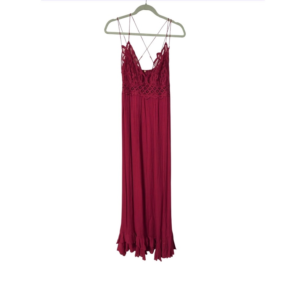Free People FP One Adella Maxi Dress Burgundy Lace Boho Ruffle - Picture 2 of 8